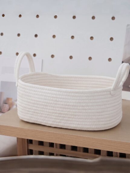 Volhouim Rainbow Cotton Rope Storage Basket, 37x25x12cm Woven Organizer with Handle, Cute Bohemian Decor Basket for Bathroom, Bedroom, Nursery, Cosmetics, Toys, Daily Essentials, Pink with Star Embroidery