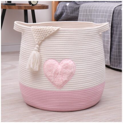 Volhouim Large Cotton Rope Storage Bin (17.7"x16.9"), Woven Hamper for Laundry, Blankets & Toys, Decorative Nursery Organizer with Handles, Pink Heart